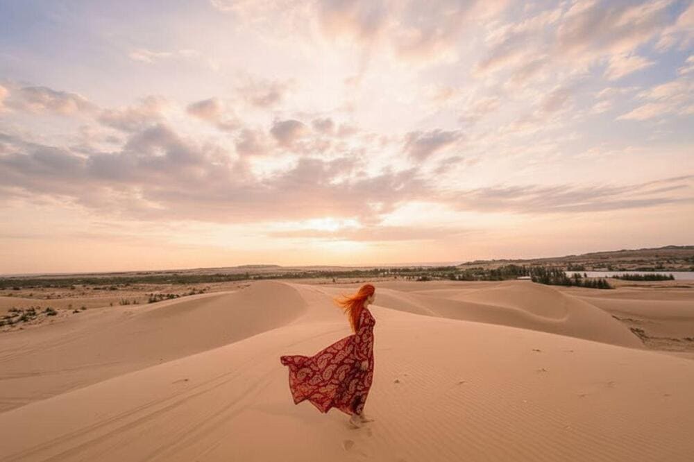 Từ những đỉnh đồi c&aacute;t cao v&uacute;t, ph&oacute;ng tầm mắt ra xa l&agrave; khung cảnh ngoạn mục khiến ai cũng phải trầm trồ